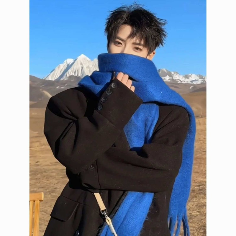 Unisex Premium Blue Scarf - Korean Style Thick Warm Solid Color Long Winter Neck Scarf