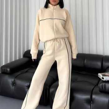 Women's Casual Tracksuit Set Long Sleeve Half-Zip Crop Top & Striped Wide-Leg Pants
