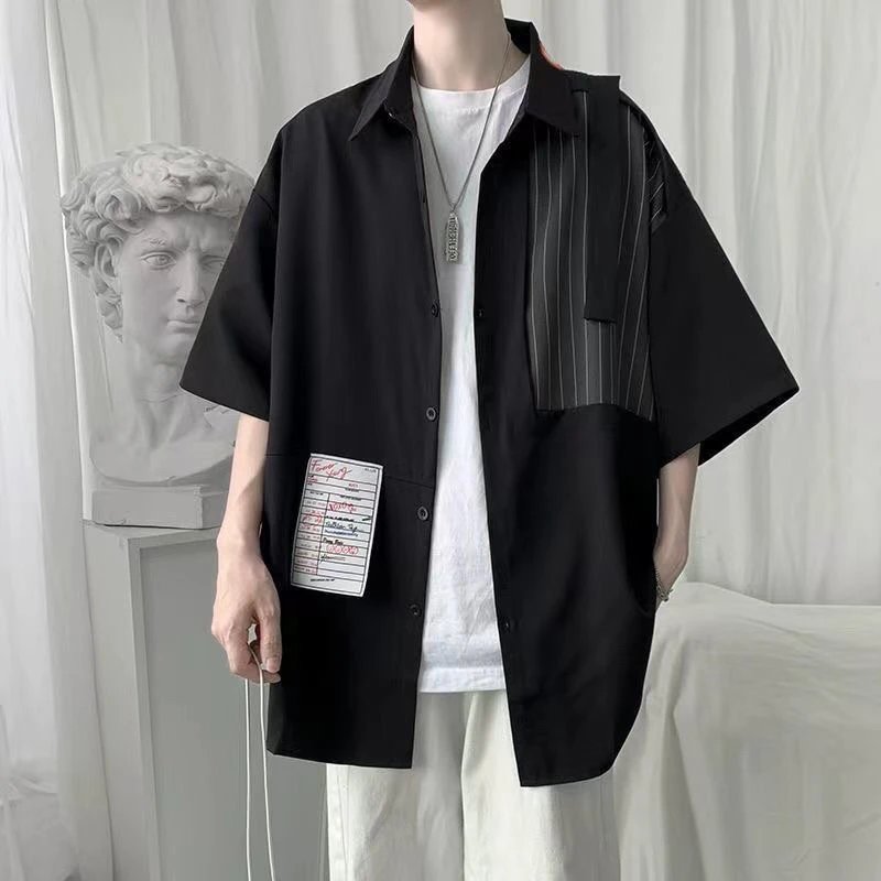 Teen Boys' Striped Patchwork Shirt Loose Fit Square Neck Short Sleeve Casual Summer Top
