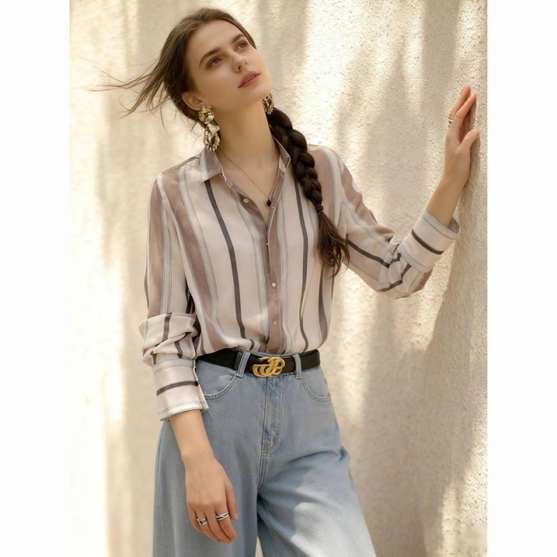 Women's 2026 Vintage Striped Polo Collar Shirt Loose Fit Casual Long Sleeve Blouse