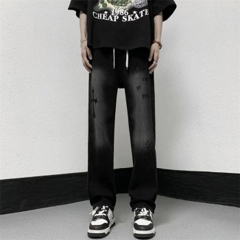 Men's High Street American Retro Cross Print Jeans Loose Straight Leg Dad Pants