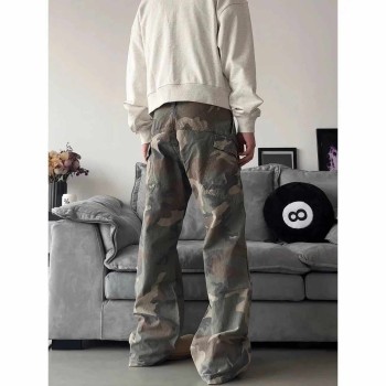 Unisex American Retro Camouflage Cargo Jeans Loose Straight Micro-Flare High Street Pants