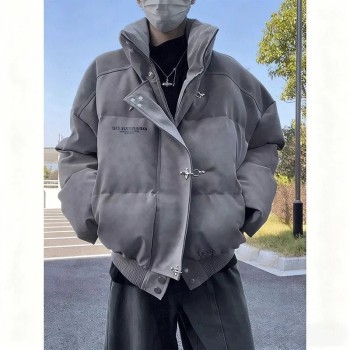 Men's American Tie-Dye PU Leather Puffer Jacket - High Street Stand Collar Bomber Coat