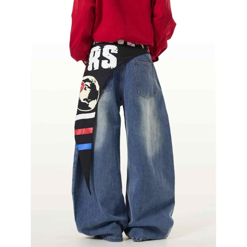 Women's Streetwear Waist Drape Jeans - Retro Wide Leg Curved Hem Denim Pants