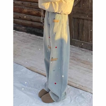 Women's Christmas Embroidered Dog Jeans - Fleece Lined High Waisted Wide Leg Floor-Grazing Pants