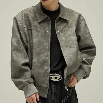 Men's American Retro Hip-Hop PU Leather Lapel Jacket Loose Streetwear Biker Coat
