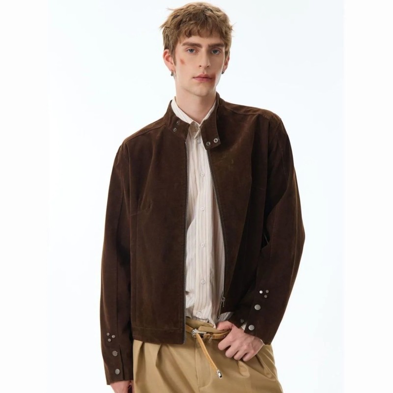 Unisex Retro Coffee Suede Harrington Jacket Relaxed Fit Stand Collar Windproof Casual Short Coat