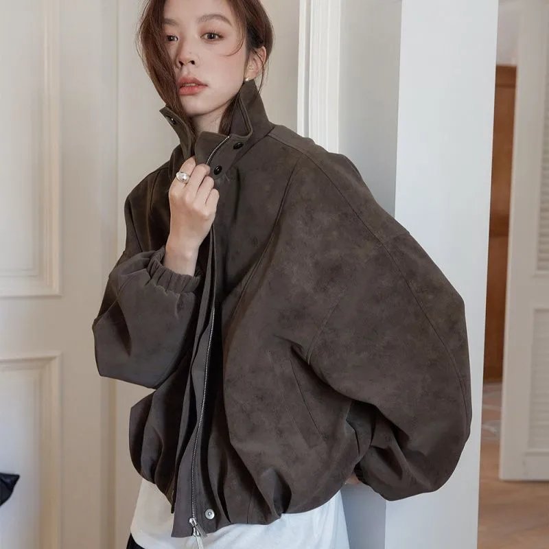 Women's American Retro Matte Faux Leather Jacket Oversized Stand Collar Casual Cool Chic Coat