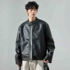 Men's American Retro Solid Color Short Jacket PU Leather Biker Coat Windproof Workwear Outerwear