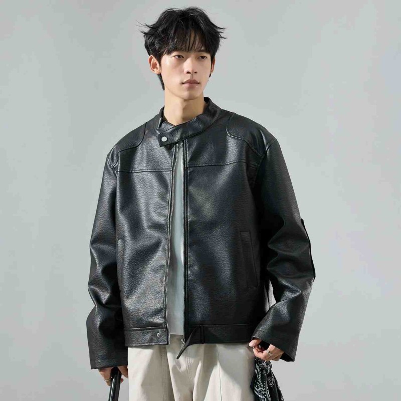 Men's American Retro Solid Color Short Jacket PU Leather Biker Coat Windproof Workwear Outerwear
